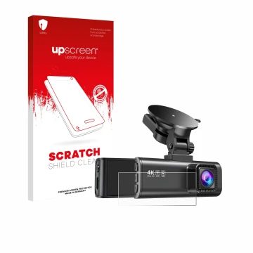 Parte frontal de un envase de producto con el logotipo de la marca upscreen. Al lado se muestra el dispositivo Redtiger F7NP c