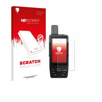 Parte frontal de un envase de producto con el logotipo de la marca upscreen. Al lado se muestra el dispositivo Garmin GPSMAP H