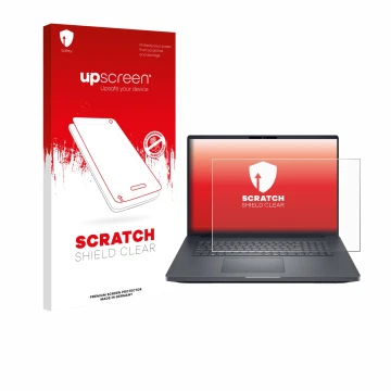 Parte frontal de un envase de producto con el logotipo de la marca upscreen. Al lado se muestra el dispositivo Dell Pro Max 18