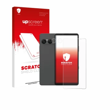 Parte frontal de un envase de producto con el logotipo de la marca upscreen. Al lado se muestra el dispositivo Sony Xperia 10 