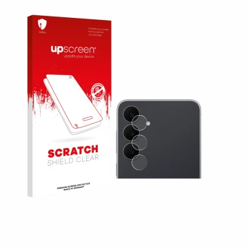 Parte frontal de un envase de producto con el logotipo de la marca upscreen. Al lado se muestra el dispositivo Samsung Galaxy 