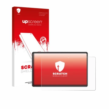 Parte frontal de un envase de producto con el logotipo de la marca upscreen. Al lado se muestra el dispositivo ZIOVO Z118 10.1