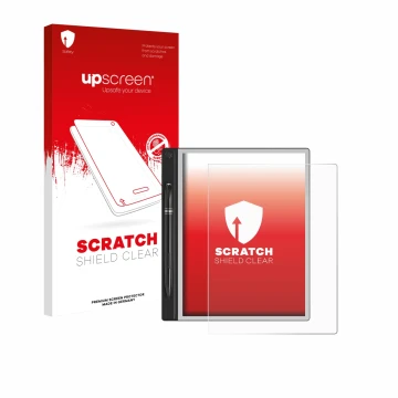 Parte frontal de un envase de producto con el logotipo de la marca upscreen. Al lado se muestra el dispositivo Montblanc Digit
