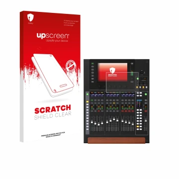Parte frontal de un envase de producto con el logotipo de la marca upscreen. Al lado se muestra el dispositivo Behringer Wing 