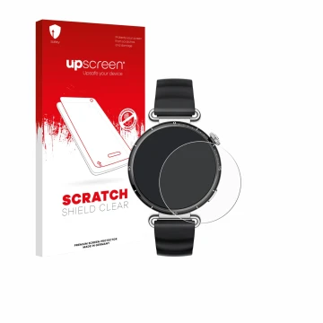 Parte frontal de un envase de producto con el logotipo de la marca upscreen. Al lado se muestra el dispositivo Huawei Watch GT