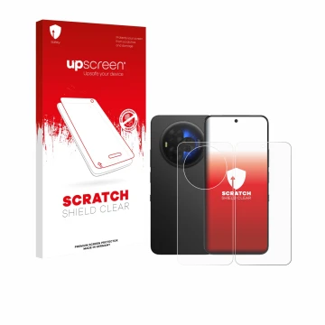 Parte frontal de un envase de producto con el logotipo de la marca upscreen. Al lado se muestra el dispositivo TCL NXTPAPER 60