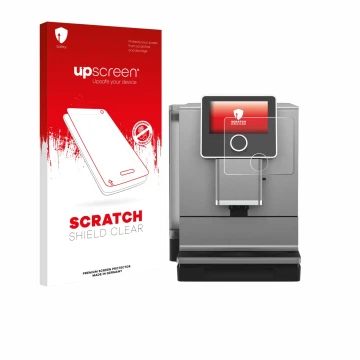 Parte frontal de un envase de producto con el logotipo de la marca upscreen. Al lado se muestra el dispositivo Nivona NICR 970