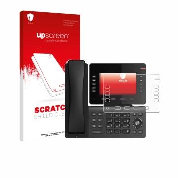 Parte frontal de un envase de producto con el logotipo de la marca upscreen. Al lado se muestra el dispositivo Snom D865 con s