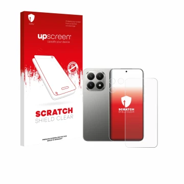 Parte frontal de un envase de producto con el logotipo de la marca upscreen. Al lado se muestra el dispositivo Xiaomi 15T (Fro