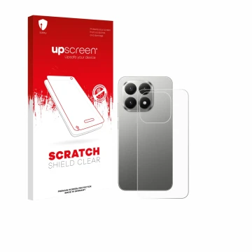 Parte frontal de un envase de producto con el logotipo de la marca upscreen. Al lado se muestra el dispositivo Xiaomi 15T (Tra