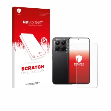 Parte frontal de un envase de producto con el logotipo de la marca upscreen. Al lado se muestra el dispositivo Xiaomi 15T Pro 