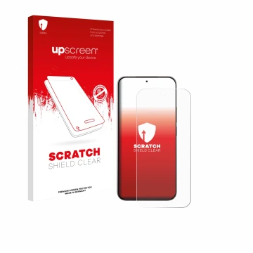 Parte frontal de un envase de producto con el logotipo de la marca upscreen. Al lado se muestra el dispositivo Xiaomi 17 con s