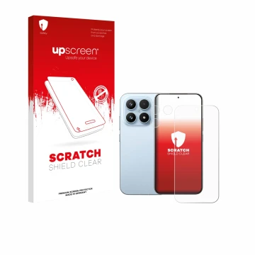 Parte frontal de un envase de producto con el logotipo de la marca upscreen. Al lado se muestra el dispositivo Xiaomi 17 (Fron