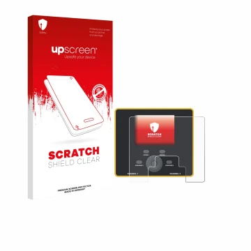 Parte frontal de un envase de producto con el logotipo de la marca upscreen. Al lado se muestra el dispositivo Junsi iCharger 