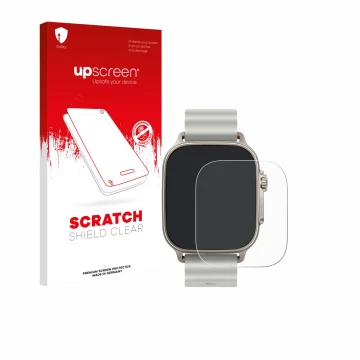 Parte frontal de un envase de producto con el logotipo de la marca upscreen. Al lado se muestra el dispositivo realme Watch 5 