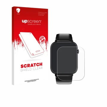 Parte frontal de un envase de producto con el logotipo de la marca upscreen. Al lado se muestra el dispositivo Oukitel V3 1.83