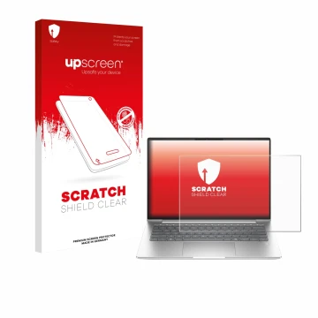 Parte frontal de un envase de producto con el logotipo de la marca upscreen. Al lado se muestra el dispositivo HP EliteBook 65