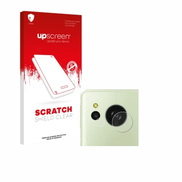 Parte frontal de un envase de producto con el logotipo de la marca upscreen. Al lado se muestra el dispositivo Sharp Aquos Sen