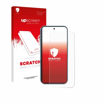 Parte frontal de un envase de producto con el logotipo de la marca upscreen. Al lado se muestra el dispositivo Google Pixel 9 