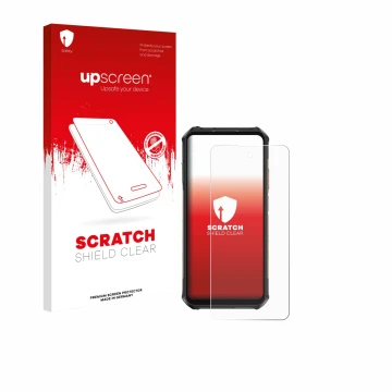 Parte frontal de un envase de producto con el logotipo de la marca upscreen. Al lado se muestra el dispositivo Ulefone Armor X