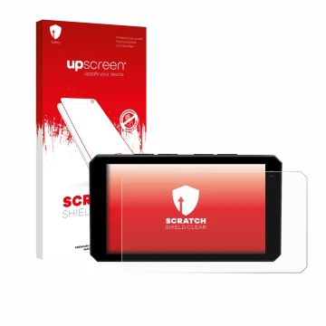Parte frontal de un envase de producto con el logotipo de la marca upscreen. Al lado se muestra el dispositivo Chigee AIO-6 LT