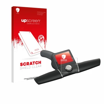 Parte frontal de un envase de producto con el logotipo de la marca upscreen. Al lado se muestra el dispositivo Motocaddy M7 GP