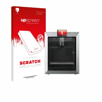 Parte frontal de un envase de producto con el logotipo de la marca upscreen. Al lado se muestra el dispositivo Qidi Tech Q2 co