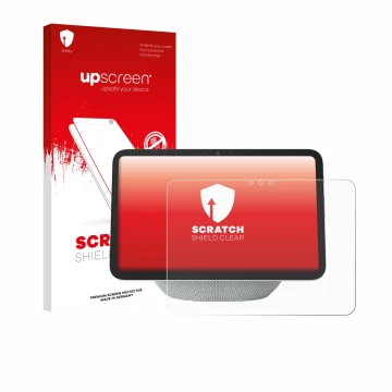 Parte frontal de un envase de producto con el logotipo de la marca upscreen. Al lado se muestra el dispositivo Amazon Echo Sho