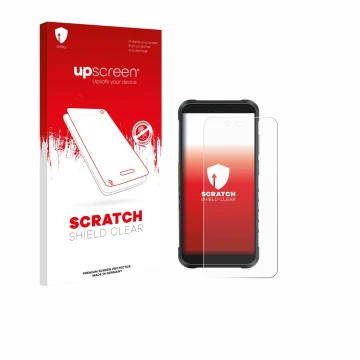 Parte frontal de un envase de producto con el logotipo de la marca upscreen. Al lado se muestra el dispositivo Ulefone RugKing