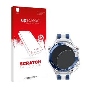 Parte frontal de un envase de producto con el logotipo de la marca upscreen. Al lado se muestra el dispositivo Huawei Watch Ul