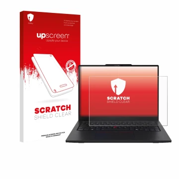 Parte frontal de un envase de producto con el logotipo de la marca upscreen. Al lado se muestra el dispositivo Lenovo ThinkPad