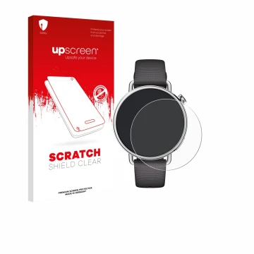 Parte frontal de un envase de producto con el logotipo de la marca upscreen. Al lado se muestra el dispositivo Xiaomi Watch S4