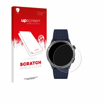 Parte frontal de un envase de producto con el logotipo de la marca upscreen. Al lado se muestra el dispositivo Reflex Active S