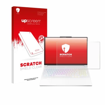 Parte frontal de un envase de producto con el logotipo de la marca upscreen. Al lado se muestra el dispositivo Lenovo Legion 7