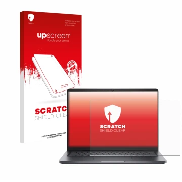 Parte frontal de un envase de producto con el logotipo de la marca upscreen. Al lado se muestra el dispositivo Dell Pro 14 con