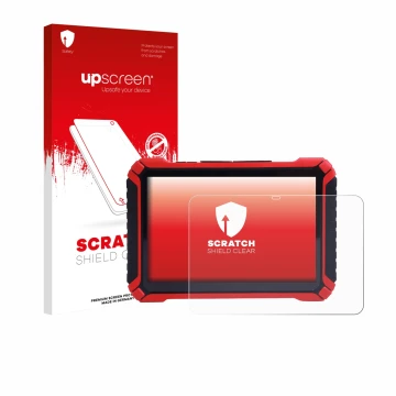 Parte frontal de un envase de producto con el logotipo de la marca upscreen. Al lado se muestra el dispositivo Launch X-431 Pa