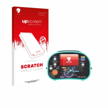 Parte frontal de un envase de producto con el logotipo de la marca upscreen. Al lado se muestra el dispositivo Kewtech KT63DL 