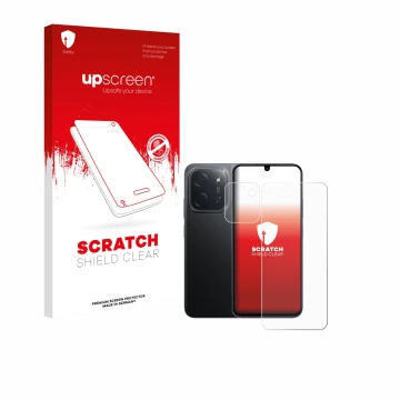 Parte frontal de un envase de producto con el logotipo de la marca upscreen. Al lado se muestra el dispositivo Xiaomi Poco C85