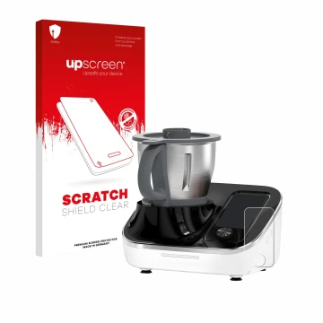 Parte frontal de un envase de producto con el logotipo de la marca upscreen. Al lado se muestra el dispositivo TOKIT Omni Cook