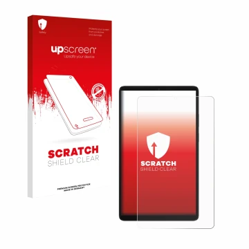 Parte frontal de un envase de producto con el logotipo de la marca upscreen. Al lado se muestra el dispositivo Samsung Galaxy 