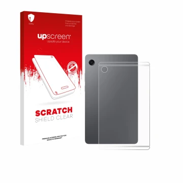 Parte frontal de un envase de producto con el logotipo de la marca upscreen. Al lado se muestra el dispositivo Samsung Galaxy 
