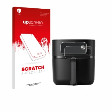 Parte frontal de un envase de producto con el logotipo de la marca upscreen. Al lado se muestra el dispositivo Philips Airfrye
