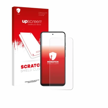 Parte frontal de un envase de producto con el logotipo de la marca upscreen. Al lado se muestra el dispositivo Infinix Smart 1