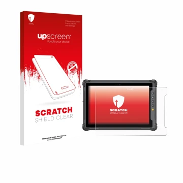 Parte frontal de un envase de producto con el logotipo de la marca upscreen. Al lado se muestra el dispositivo onerugged W10 J