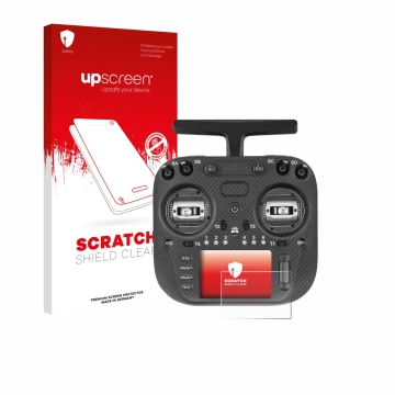 Parte frontal de un envase de producto con el logotipo de la marca upscreen. Al lado se muestra el dispositivo Radiomaster TX1
