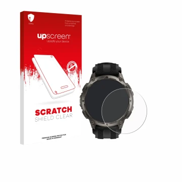 Parte frontal de un envase de producto con el logotipo de la marca upscreen. Al lado se muestra el dispositivo Kospet Tank T4 