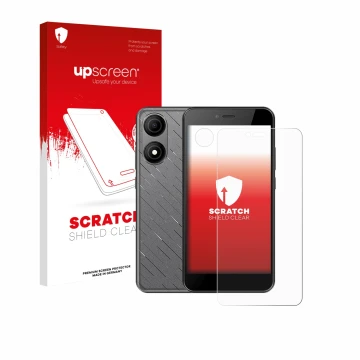 Parte frontal de un envase de producto con el logotipo de la marca upscreen. Al lado se muestra el dispositivo HTC Wildfire E5