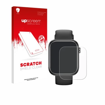 Parte frontal de un envase de producto con el logotipo de la marca upscreen. Al lado se muestra el dispositivo RLQA G104 1.83