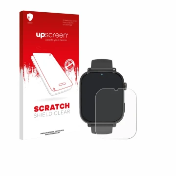 Parte frontal de un envase de producto con el logotipo de la marca upscreen. Al lado se muestra el dispositivo Ucani A22 con s