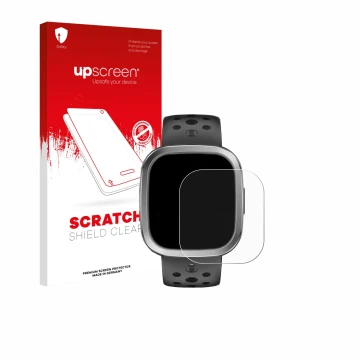 Parte frontal de un envase de producto con el logotipo de la marca upscreen. Al lado se muestra el dispositivo YYKY Smartwatch